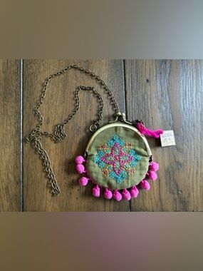 Anthropologie Small Bag Coin Purse Chain Kisslock Embroidered Green Pink Pompoms